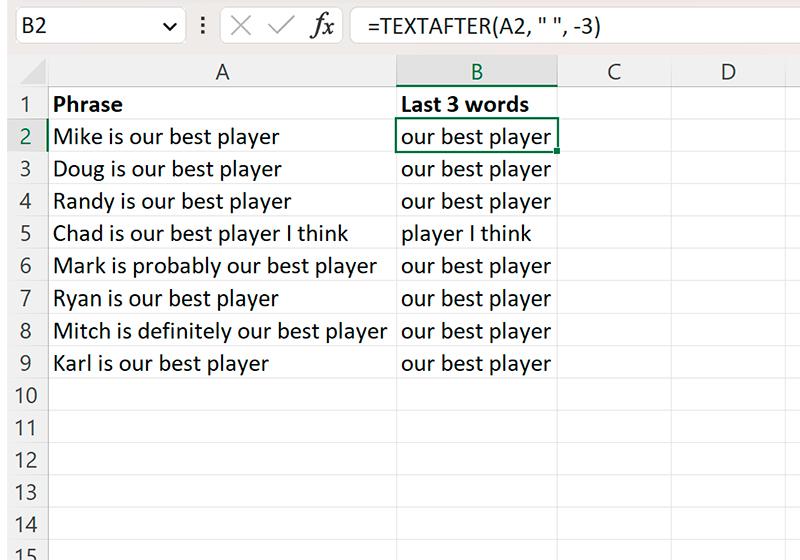 Извлечь последние 3 слова Excel